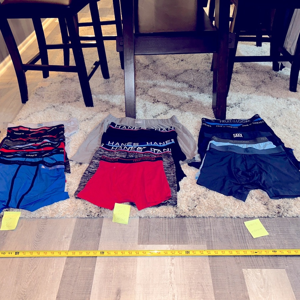 ASSORTED MENS+BOYS BOXER BRIEFS MENS MEDIUM-BOYS XL 3 pairs